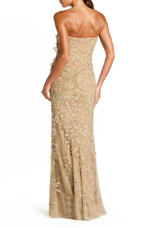 Mac Duggal Beaded Strapless Mermaid Gown With 3d Flowers In Gold