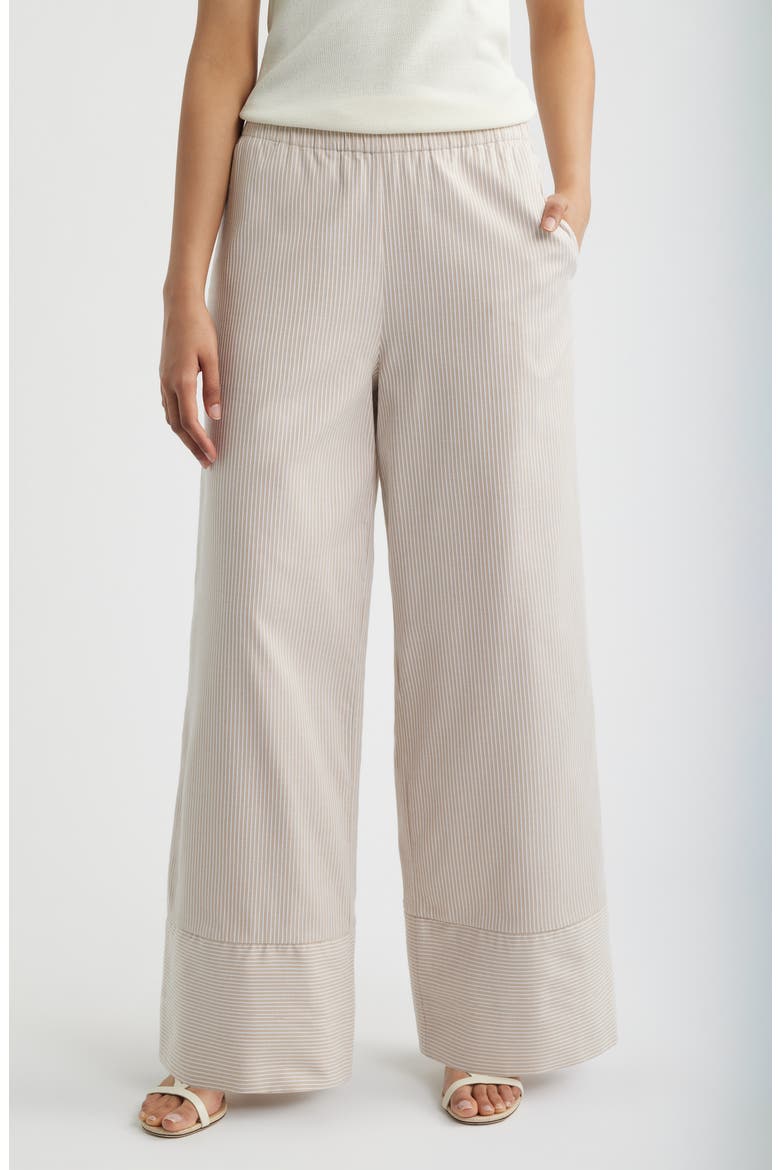 Directional Pinstripe Wide Leg Cotton Blend Pants, Main, color, ALMOND BUFF/ BRIGHT WHITE