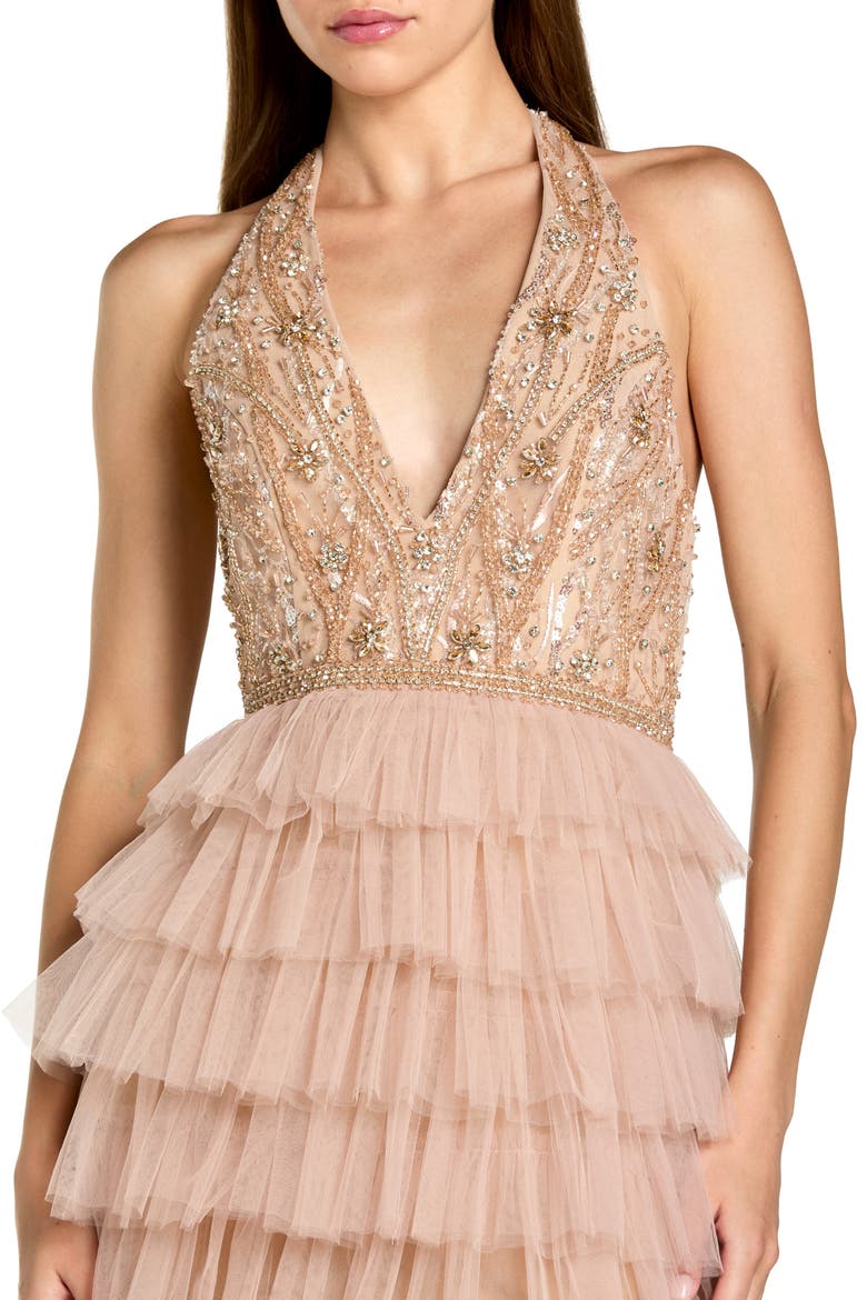 Beaded Tulle Sleeveless V Neck Ruffle Column Gown, Alternate, color, Nude