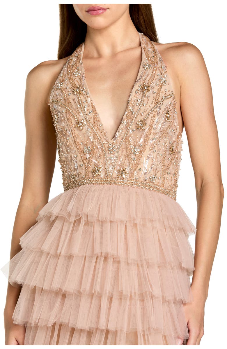 Mac Duggal Beaded Tulle Sleeveless V Neck Ruffle Column Gown, Alternate, color, Nude