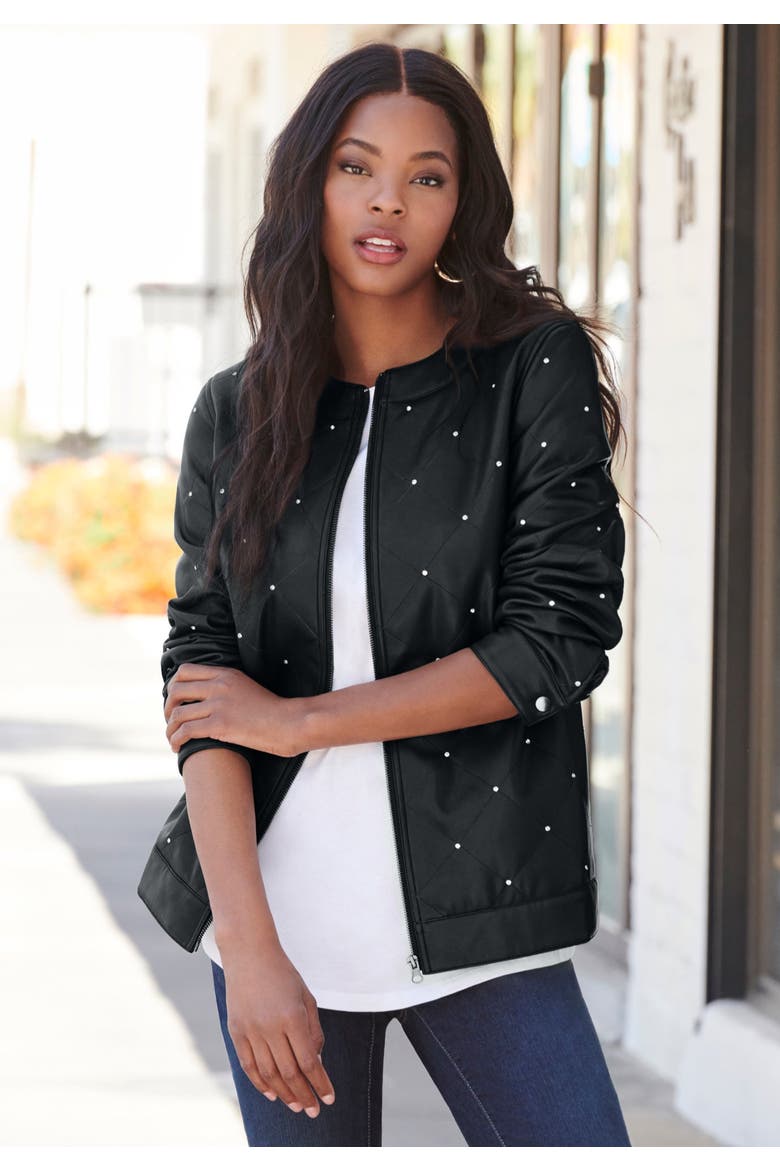 Plus Size Studded Faux Leather Bomber, Alternate, color, BLACK