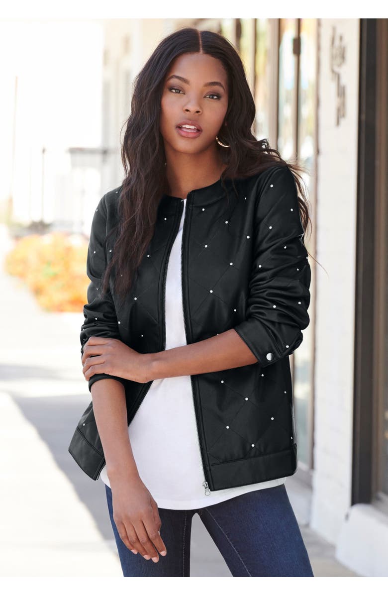 Roaman's Plus Size Studded Faux Leather Bomber, Alternate, color, Black