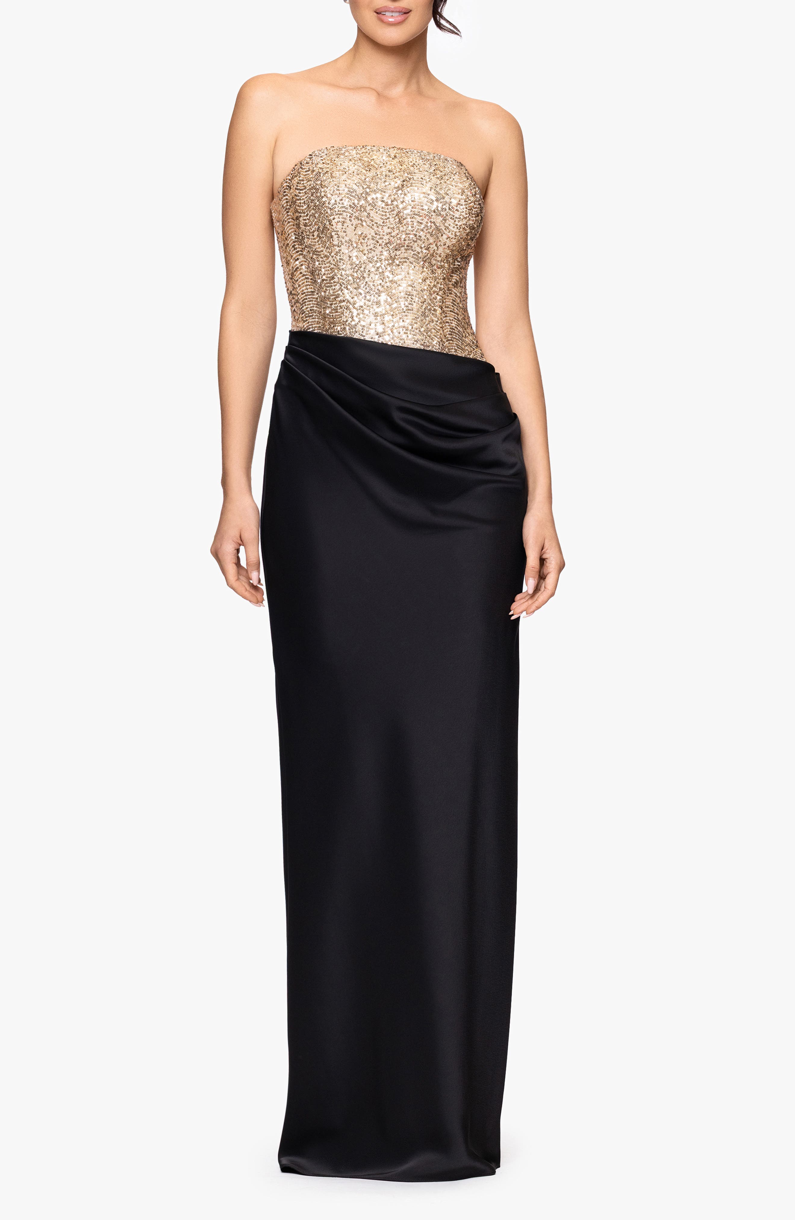 Betsy & Adam Sequin Bodice Strapless Gown in Black/Gold 