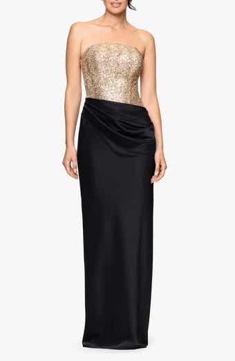 Betsy & Adam Sequin Bodice Strapless Gown