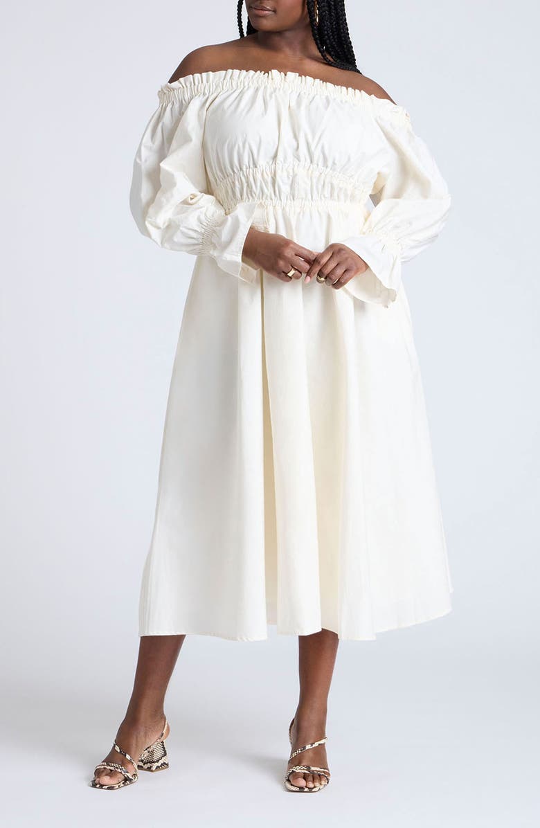 ELOQUII Off the Shoulder Long Sleeve Ruffle Dress, Main, color,
