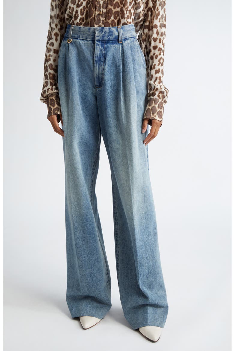 Illustration Pleated Wide Leg Jeans, Main, color, NEPTUNE