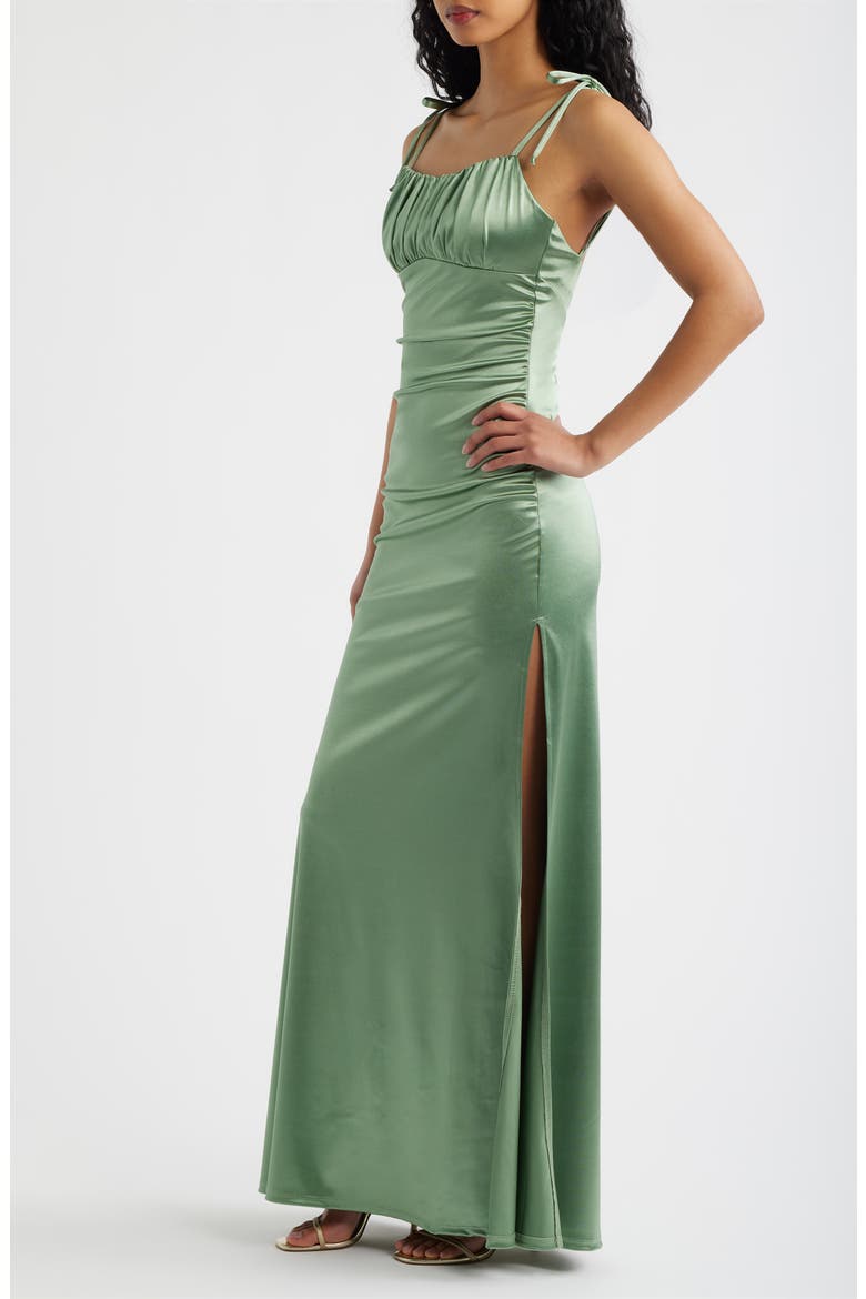 Emma Ruched Tie Strap Satin Gown, Alternate, color, PISTACHIO