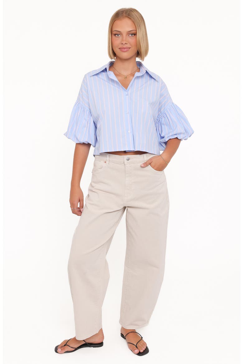 Zella Stripe Puff Sleeve Cotton Button-Up Shirt, Alternate, color, BLUE WHITE STRIPE