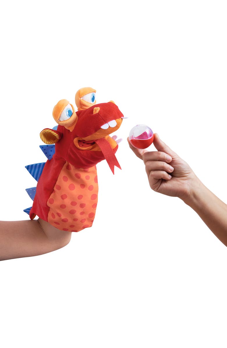 HABA Glove Puppet Eat it Up Dragon - Hand Puppet That Eats Small Objects, Perfect Toddler Toys for Ages 2-4, Sensory Hand Puppets, Preschool Toys, Alternate, color, Red Multi