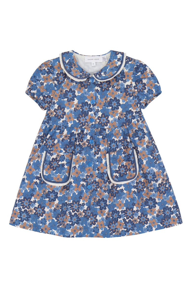 Floral Contrast Ruffle Trim Dress, Main, color, Dark Blue