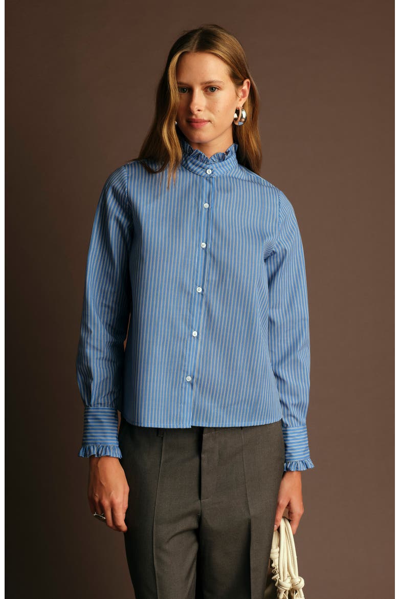 Oscar Ruffle Trim Stripe Cotton Blend Button-Up Shirt, Alternate, color, LIGHT BLUE