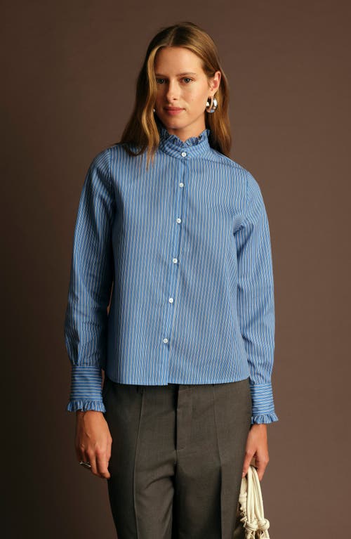 Deluc Oscar Ruffle Trim Stripe Cotton Blend Button-up Shirt In Blue