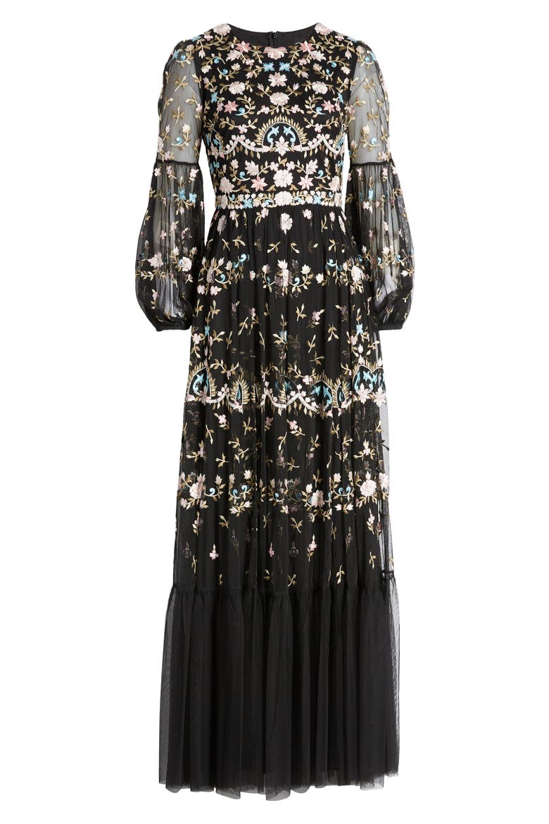 Embroidered Floral Long Sleeve Gown, Alternate, color, BLACK