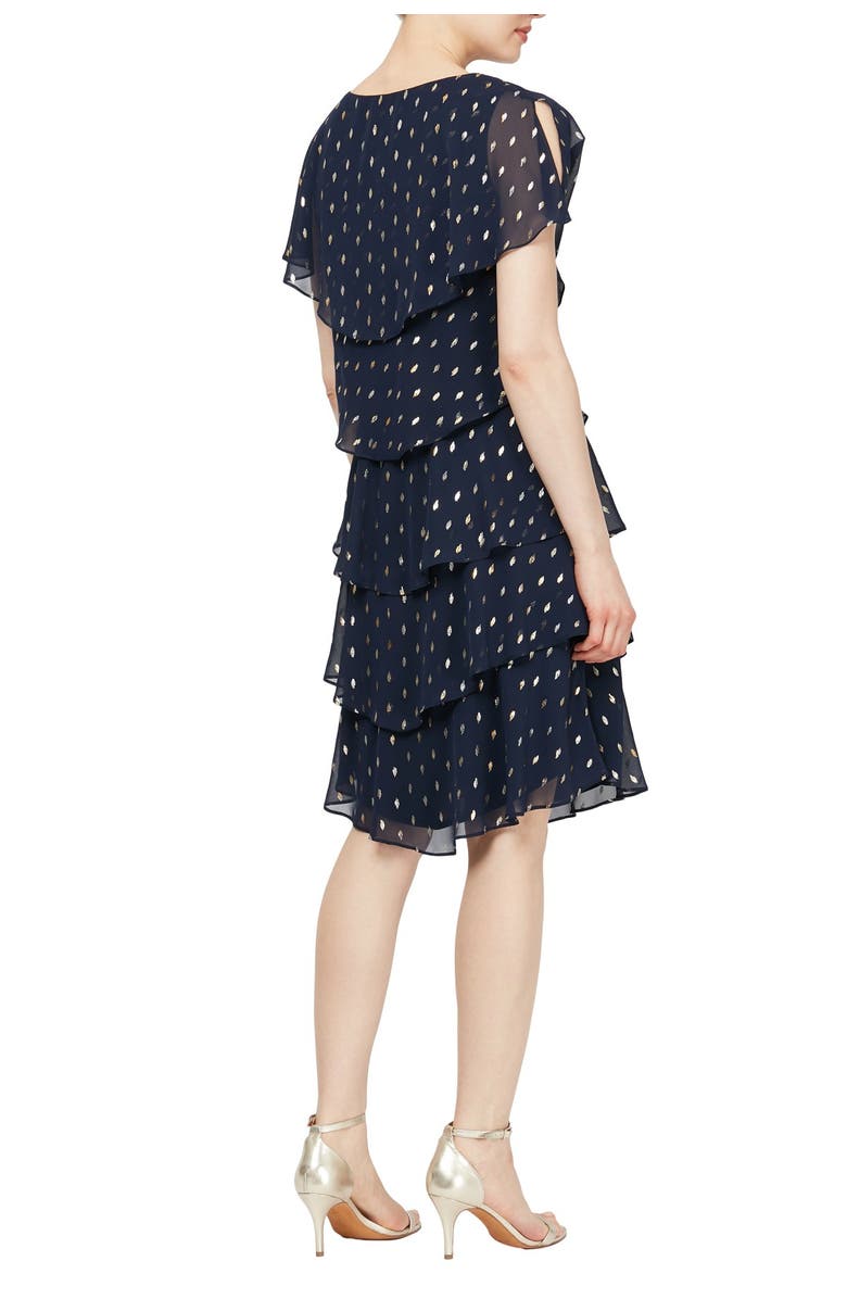 SL FASHIONS Cape Top Metallic Printed Tiered Dress, Alternate, color, Navy Gold