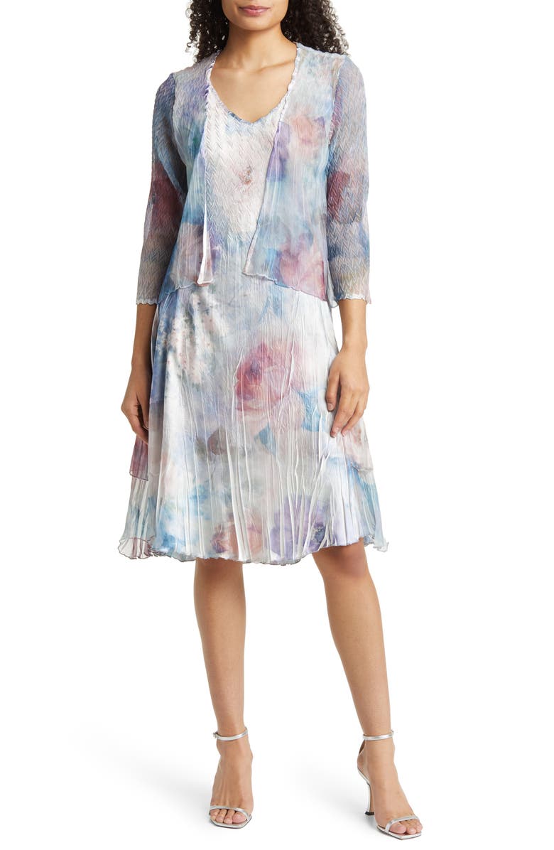 Komarov Print Charmeuse & Chiffon Midi Dress & Jacket, Main, color, 