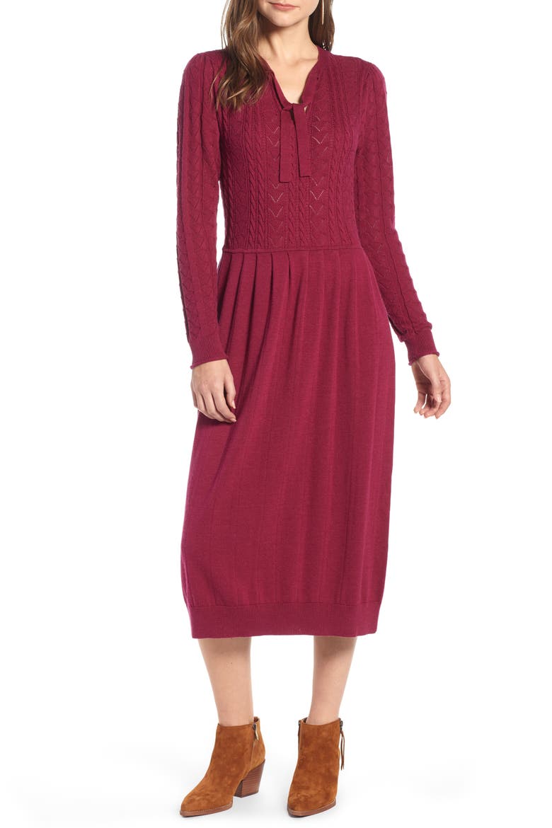 Tie Neck Cotton Blend Sweater Dress, Main, color, BURGUNDY PLUM