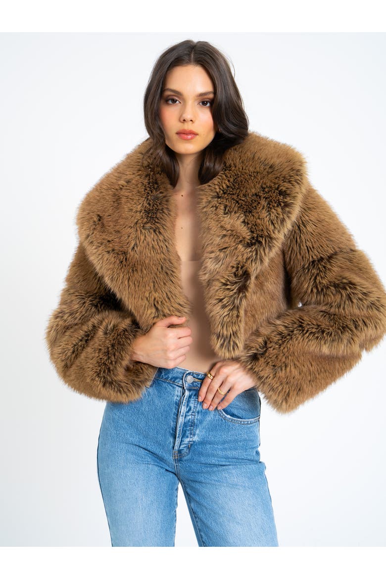 Yadavi Plush Vegan Faux Fur Cropped Jacket, Alternate, color, Brown