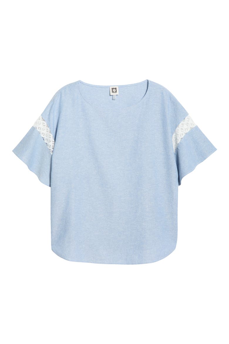 Lace Trim Flutter Sleeve Linen Blend Top, Alternate, color, LAGOON/ CRISP WHITE