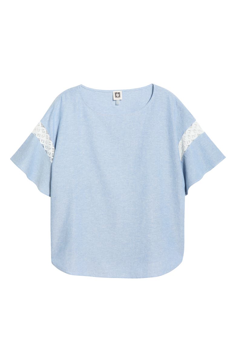 Anne Klein Lace Trim Flutter Sleeve Linen Blend Top, Alternate, color, Lagoon/ Crisp White