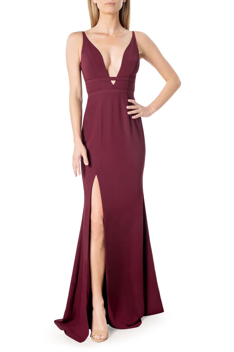 Viola Plunge Neck Mermaid Gown, Main, color, BURGUNDY