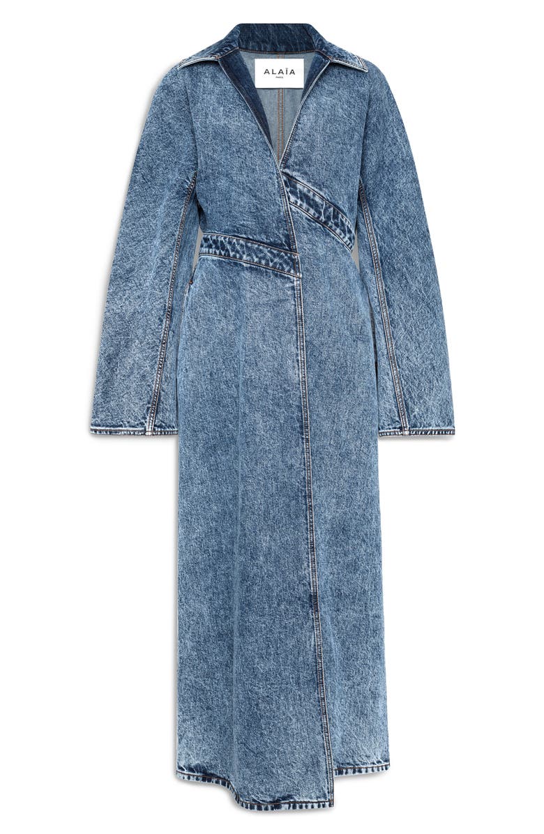 Alaïa Spiral Asymmetric Denim Trench, Alternate, color, Bleu Neige