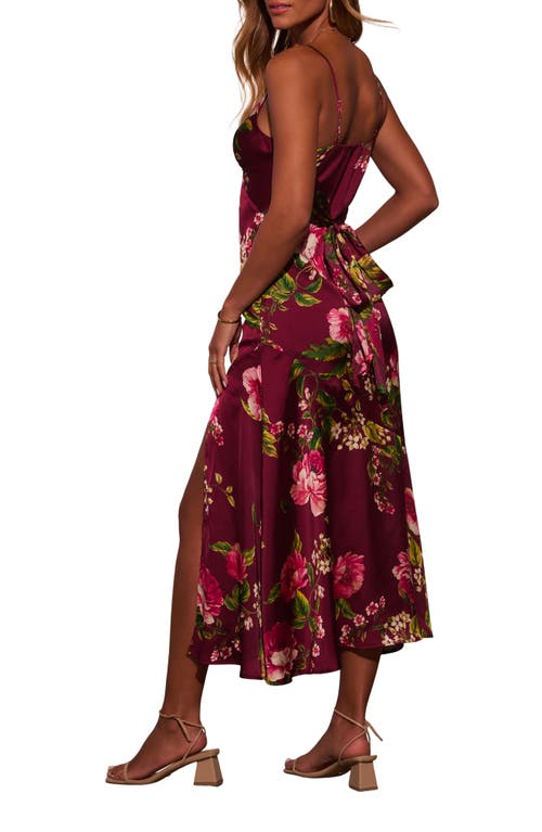 Vici Collection Just Go With It Floral Satin Midi Dress In Burgundy
