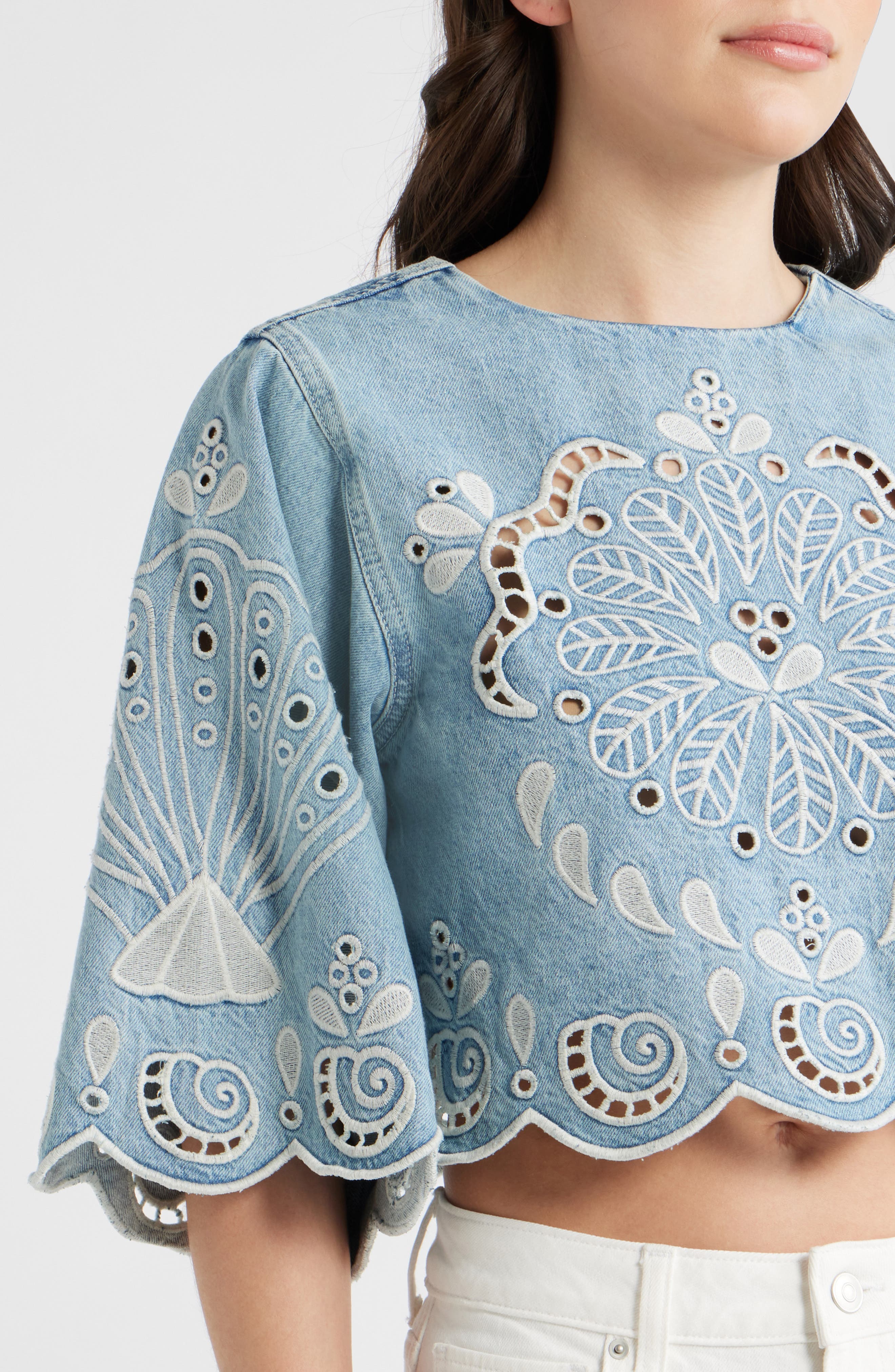 Richelieux Eyelet Detail Crop Denim Top (Women) | Nordstrom