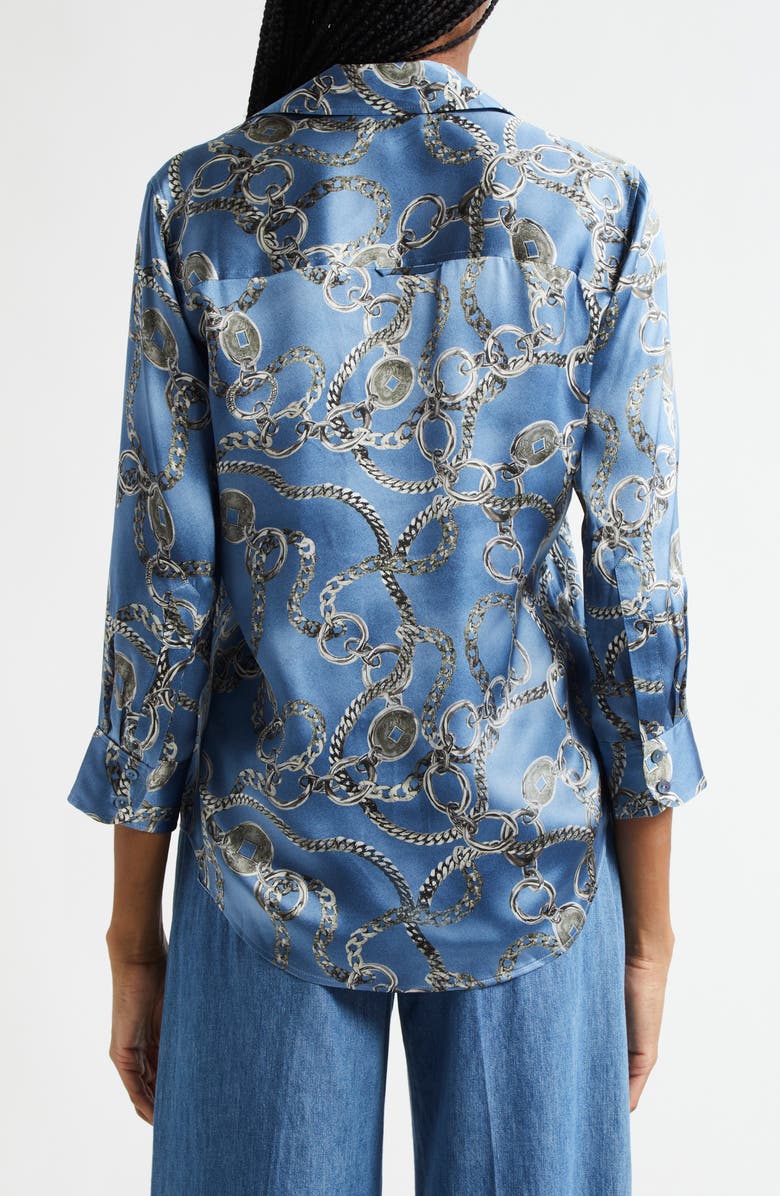 L'AGENCE Dani Chain Print Silk Button-Up Shirt, Alternate, color, Blue Horizon/ Silver Good Luck