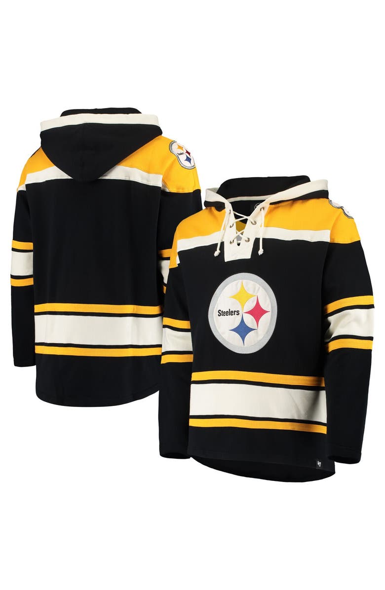 '47 Men's '47 Black/Gold Pittsburgh Steelers Lacer V-Neck Pullover Hoodie, Main, color,