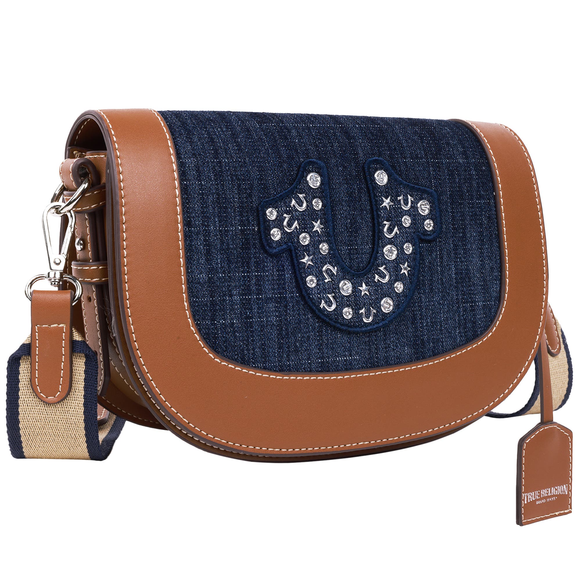 True Religion Studded Logo Denim Flap Bag, Alternate, color, 