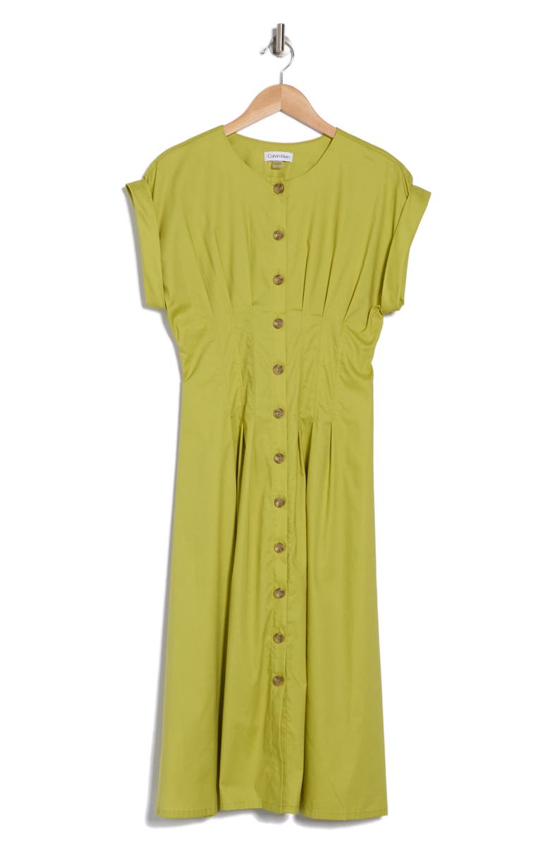 Calvin Klein Short Sleeve Button Front Cotton Blend Midi Dress, Alternate, color,