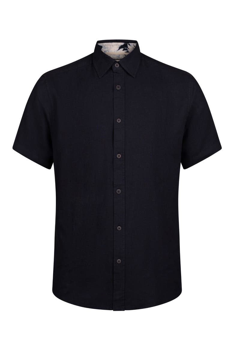 Short Sleeve Linen & Cotton Blend Button-Up Shirt, Alternate, color, NAVY