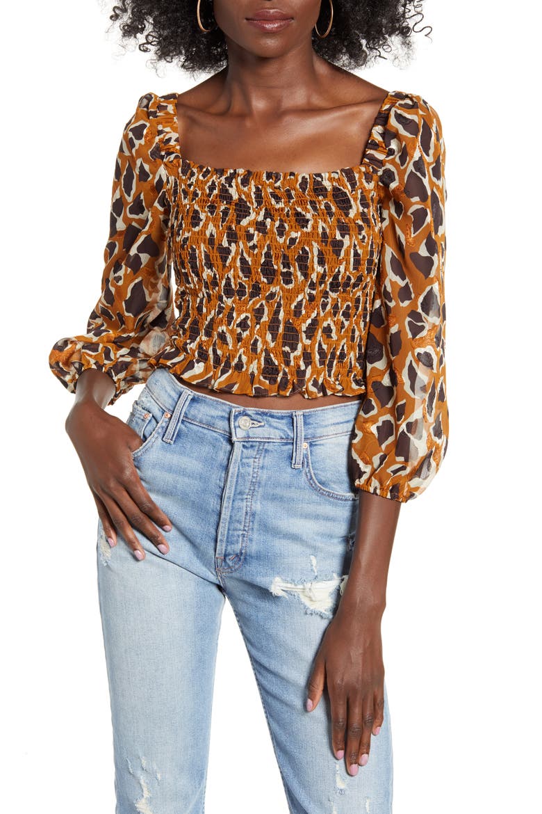 Smocked Jacquard Woven Crop Top, Main, color, LATTE
