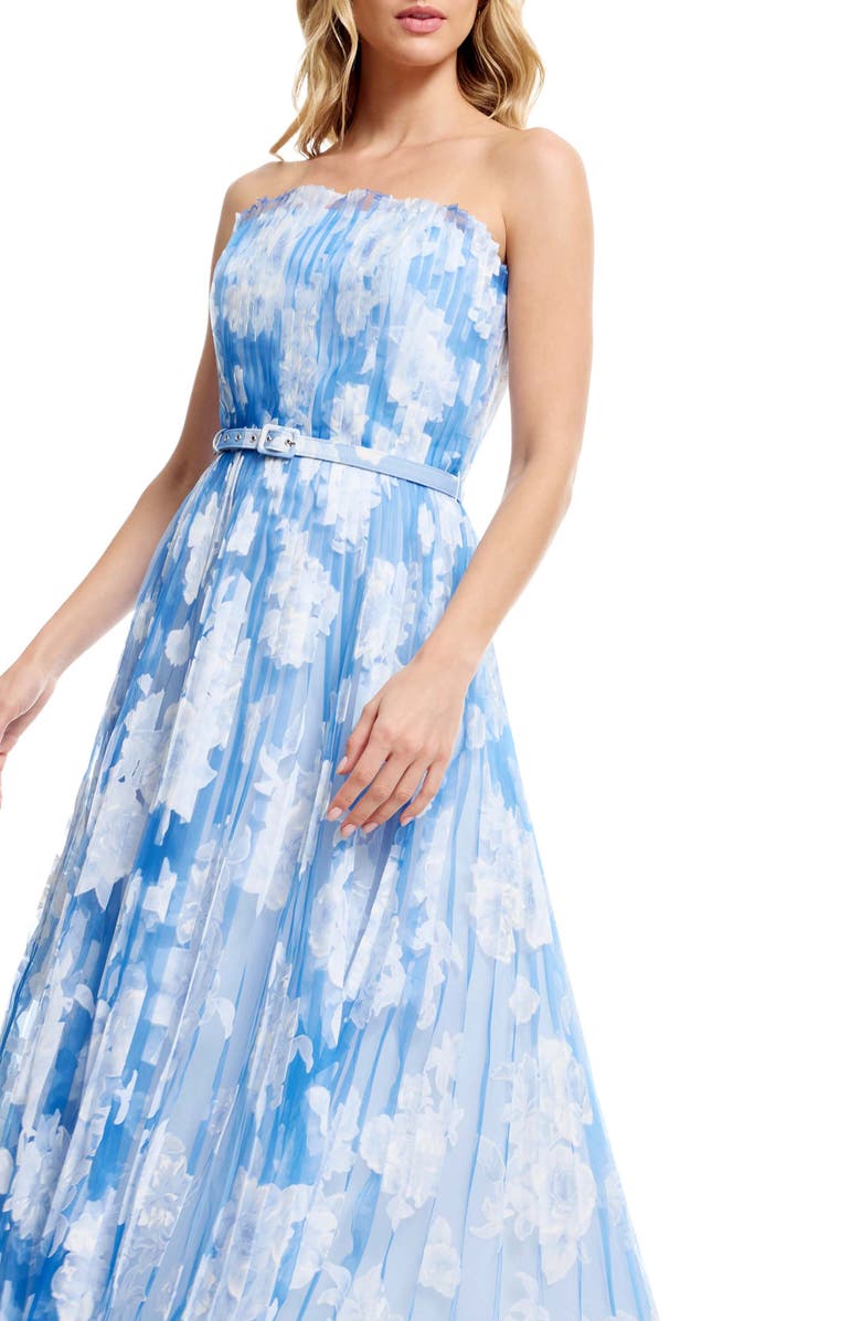 Dress the Population Verity Pleated Belted Strapless Gown, Alternate, color, Sky Multi