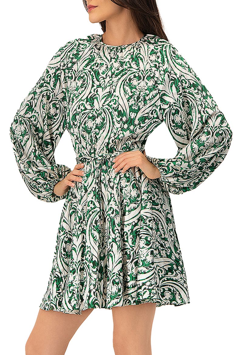Baroque Print Mini Dress with Belted Waist, Alternate, color, Green