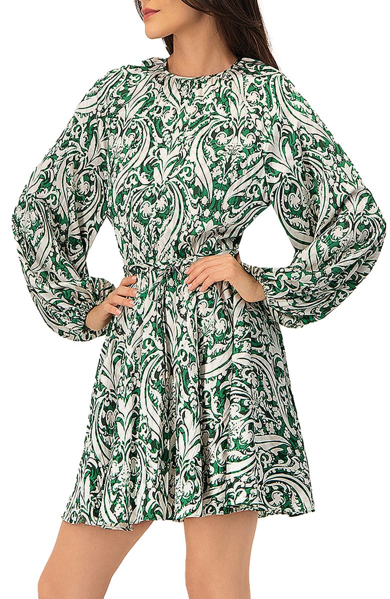 IVONNE Baroque Print Mini Dress with Belted Waist, Alternate, color, Green