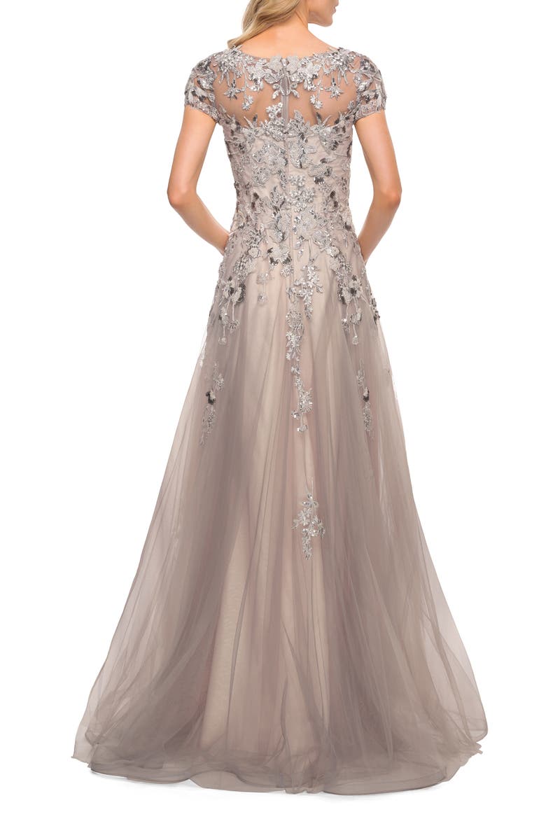 Beaded Lace A-line Gown with Short Sleeves, Alternate, color, Silver/Pink