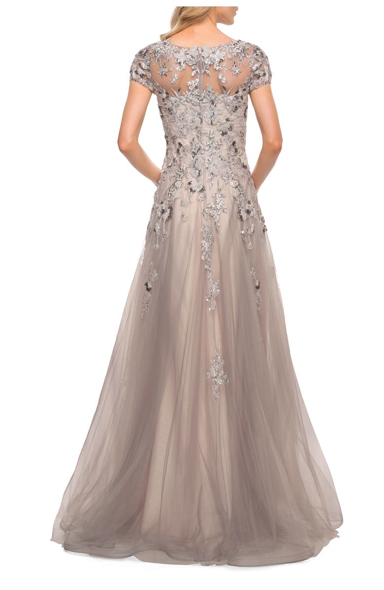 La Femme Beaded Lace A-line Gown with Short Sleeves, Alternate, color, Silver/Pink