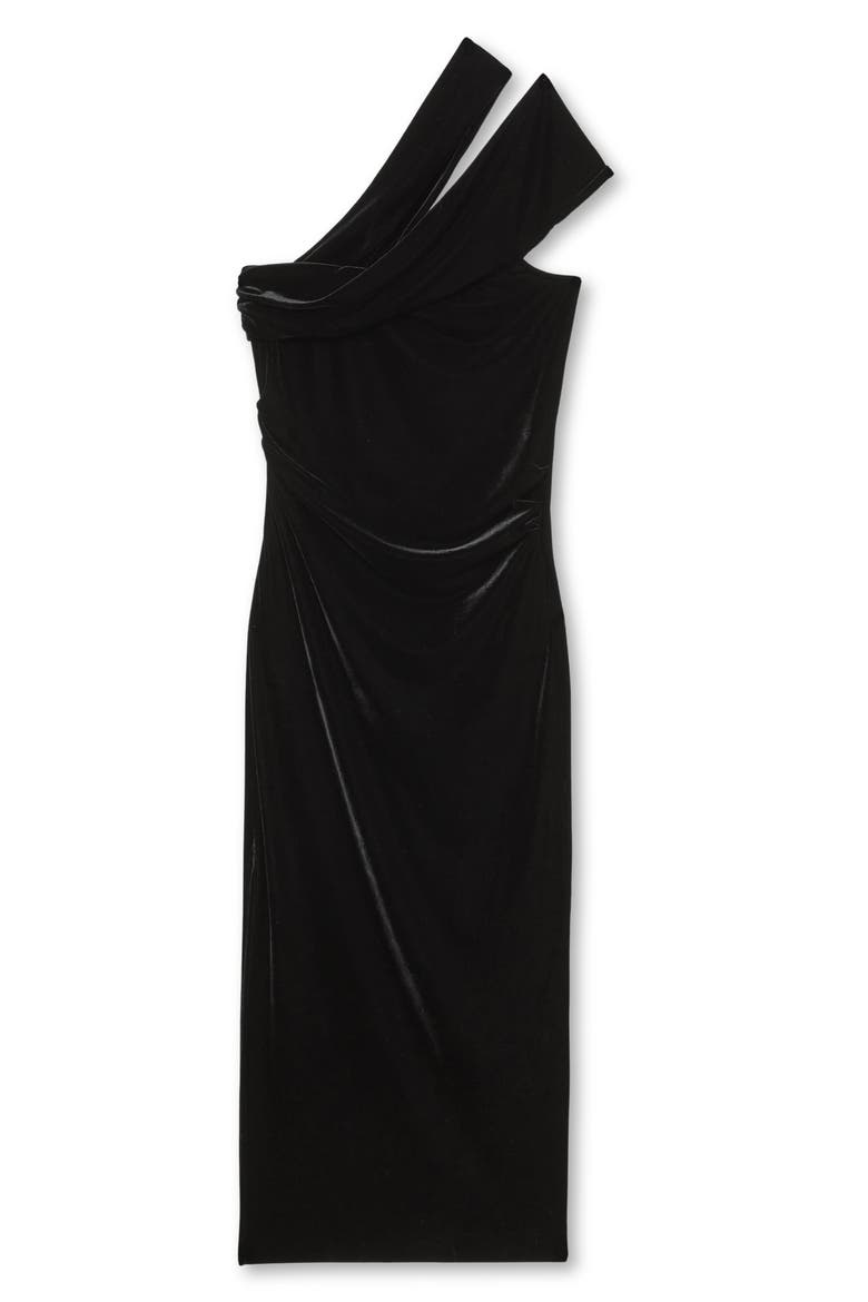 Dalia One Shoulder Velvet Midi Dress, Alternate, color, BLACK