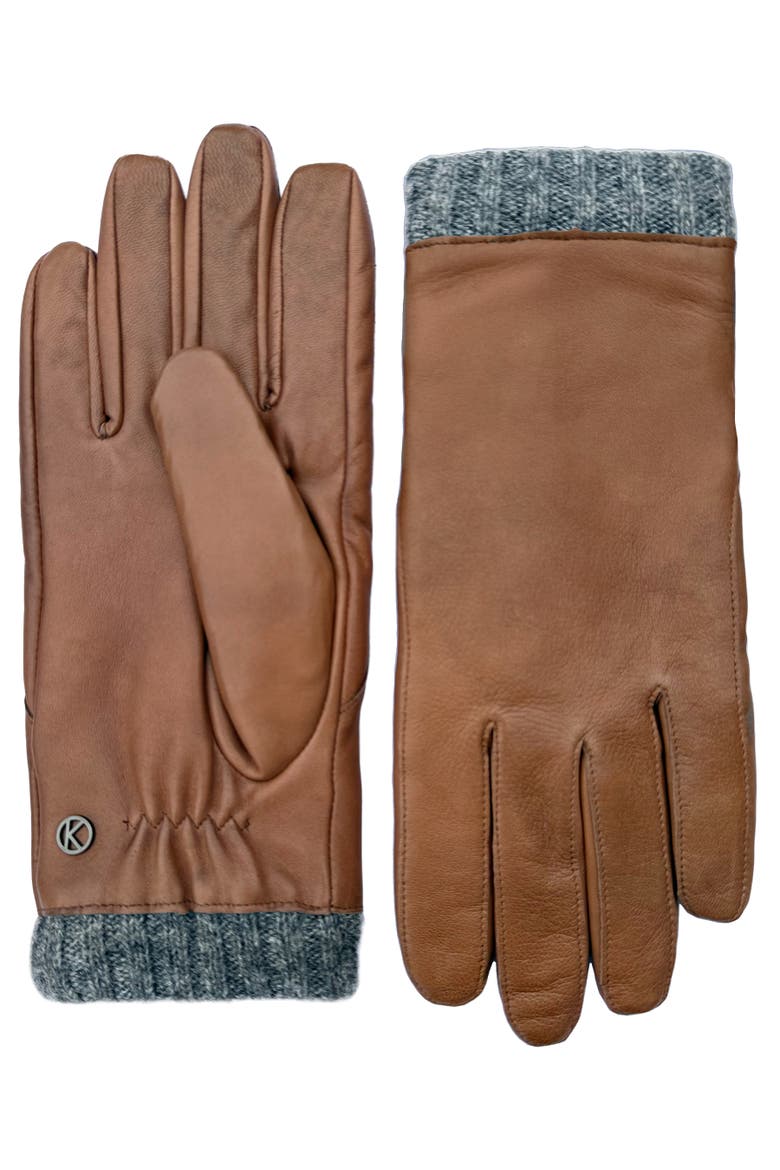 Leather gloves with knitted cuff and touch function, Alternate, color, medium brown