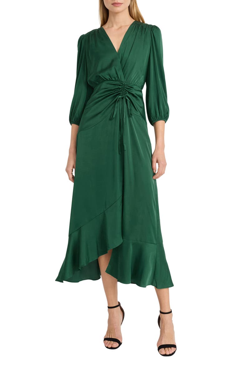 Three-Quarter Sleeve Faux Wrap Midi Dress, Main, color, DARK GREEN