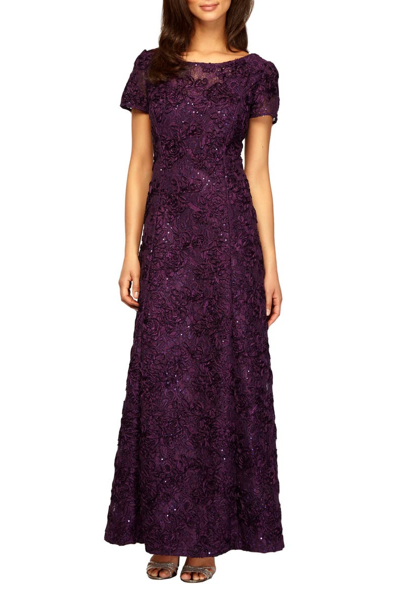 Embellished Lace A-Line Evening Gown, Main, color, EGGPLANT