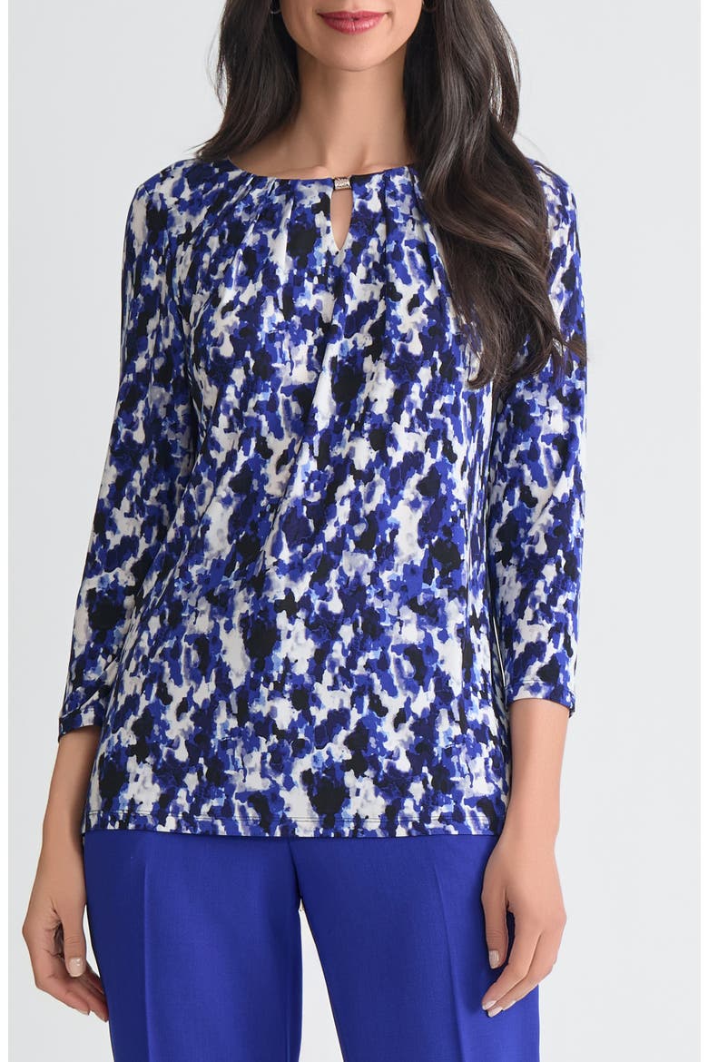 Pleated Three-Quarter Sleeve Top, Main, color, KASPER NAVY MULTI