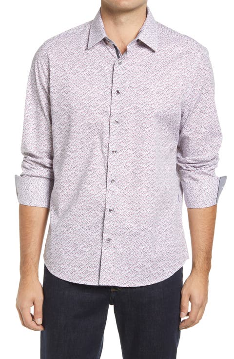 Wine Glass Print Stretch Button-Up Shirt