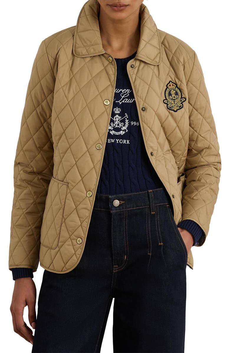 Lauren Ralph Lauren Crest Detail Quilted Jacket, Main, color, Birch Tan