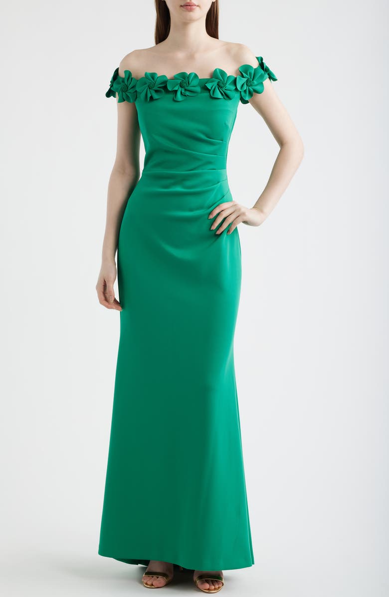Eliza J 3D Floral Off the Shoulder Gown, Main, color, Green
