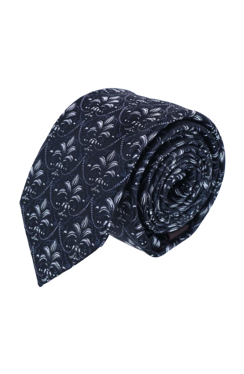 Trafalgar Domenico the Grande Damask Patterned Silk Necktie, Main, color, Black And Silver