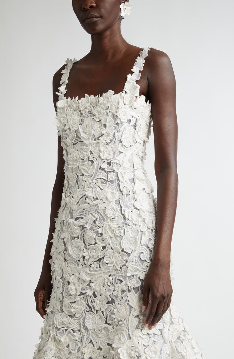 Carolina Herrera Floral Appliqué Trumpet Midi Dress, Alternate, color,