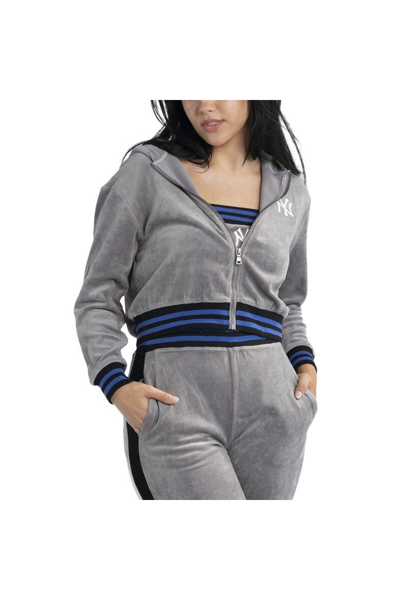 Women's Lusso  Gray New York Yankees Niko-Neve-Nic Sweatpants, Cropped Full-Zip Hoodie & Bra Set, Alternate, color, Gray