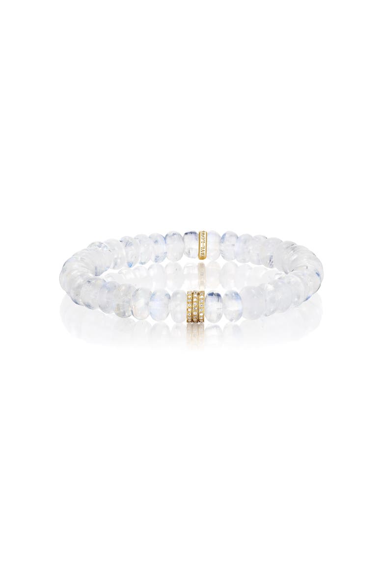 YG Rainbow Moonstone 8mm Bead Bracelet with 3 Clustered Diamond Rondelles, Main, color, Moonstone / 14kt Yellow Gold